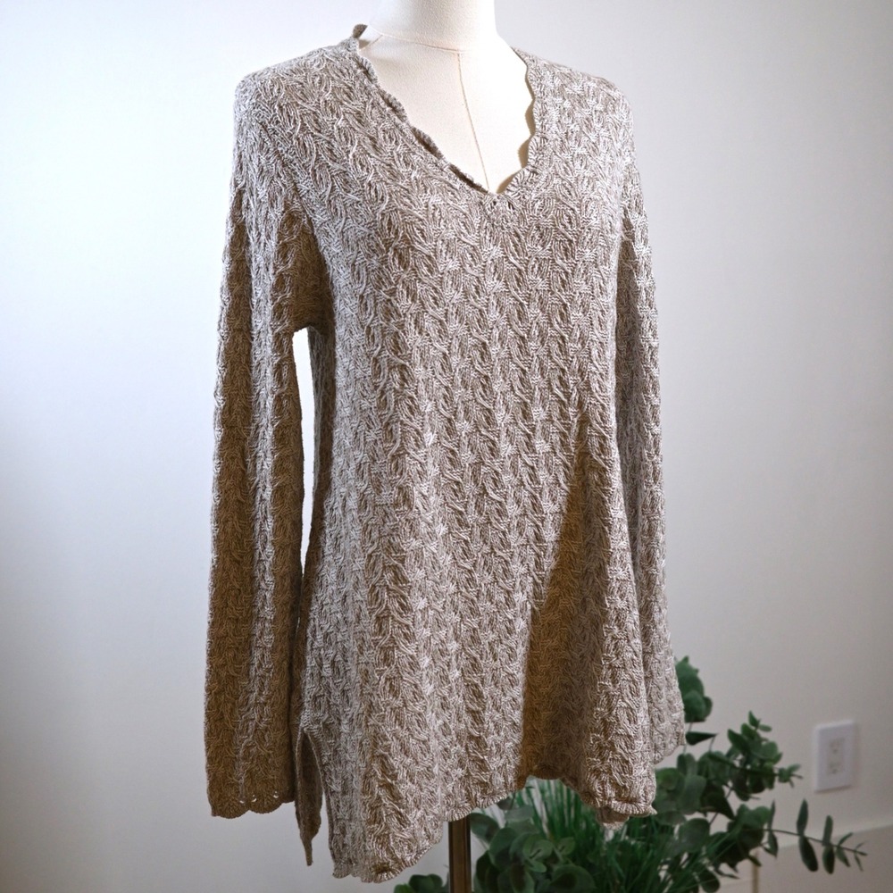 Eight Eight Eight Womens Tan Cotton Cable Knit V-Neck Tunic Sweater Large
